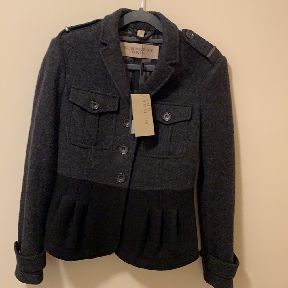 NWT Burberry Brit Short Gray Black Wool Peacoat Peplum Flare. US Size 4 / UK 6